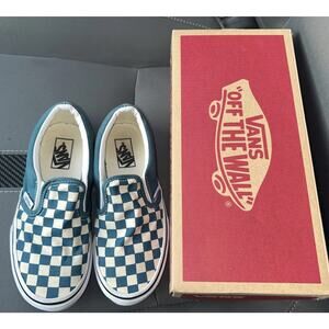 Used w/ box - Vans Classic Slip On Checkerboard Teal & White Kids Size 1.5